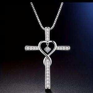 Silver Cross Necklace with Heart and Crystal Accents